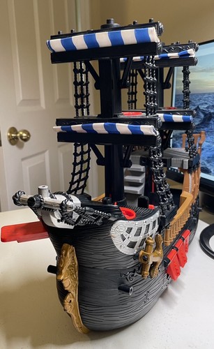Fisher Price 2006 Mattel Imaginext Black & Red Pirate Ship Blue White Sails - Picture 3 of 6
