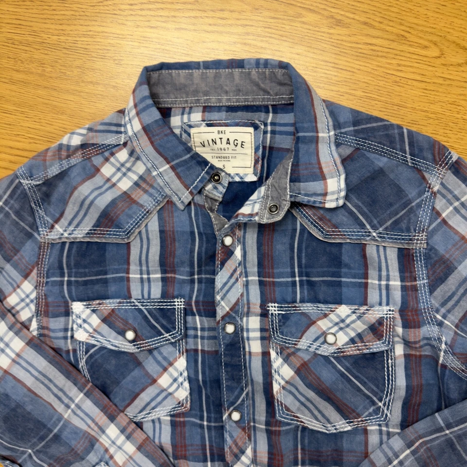 BKE Мужская маленький жемчуг Snap рубашка синий клетку стандартный крой Western ковбой пряжка - Изображение 3 из 4