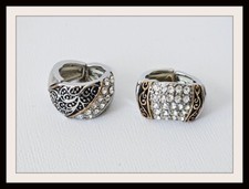 Two Silver Plated Stretch Rings Designer Look Crystal Accents