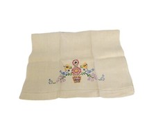Vintage Birds Flowers Embroidered Beige Linen 16"x25" Tea Towel