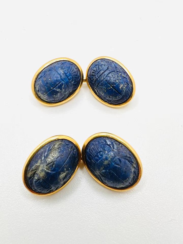 Naturale Lapislazzuli Gemma Placcato Oro 925 Argento Sterling Gemelli Per - Immagine 4 di 4