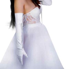 Women White Leather Zipper Gloves Faux PU 60CM Opera Long Tassel Wedding Evening