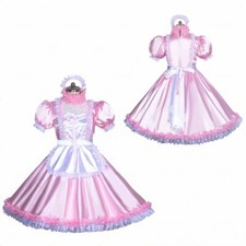 French Maid Girl Sissy Lockable Pink Satin Dress cosplay costumes Tailor-made