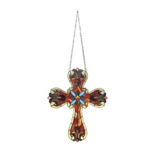 Stained Glass Hanging Window Panel Victorian Cross Suncatcher Art Glass 16 x 20