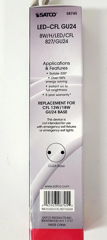 Satco S8745 LED-CFL 8 Watt Replacement For 18 Watt 2700K Warm White GU24 Base - Image 2 of 3