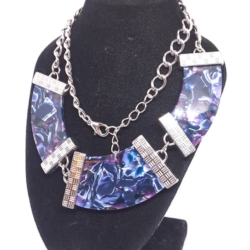 Silver Tone Blue & Purple Resin Bar Bib Necklace 14 Inch Chain