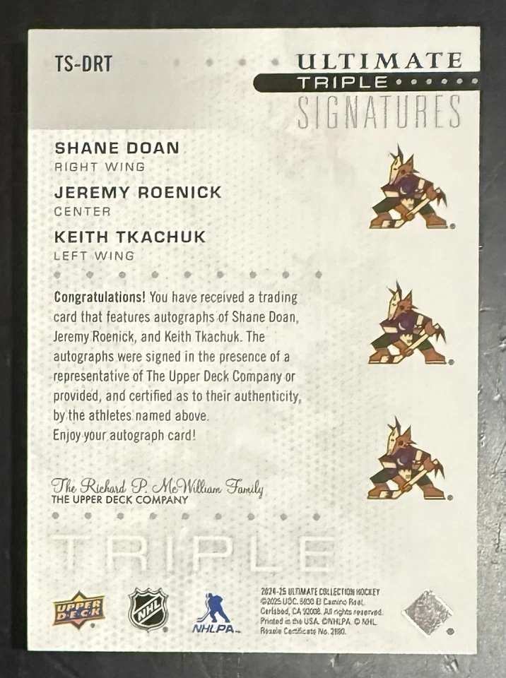 2024-25 Ultimate Triple Auto Jeremy Roenick Keith Tkachuk Shane Doan Coyotes /15 - Image 2 of 2