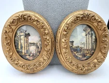 Gold Rococo Oval Gallery Wall Plaques Classical Ruins Prints Pair VTG Decor 5x4"