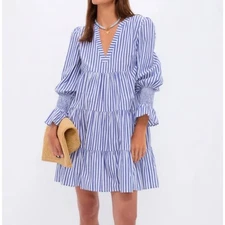 Tuckernuck Pomander Place Blue Stripe Dress Size M Cotton Poplin Preppy