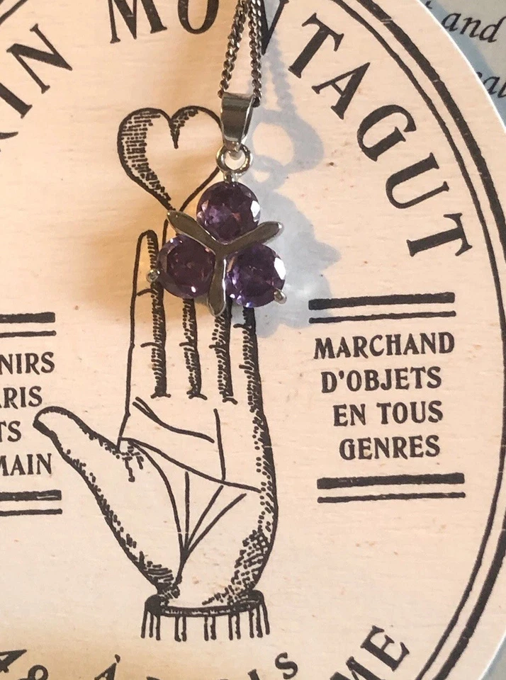 Hermoso collar colgante estampado relleno de oro blanco de 18 quilates 3 amatistas vintage 925 Foto 4 de 4