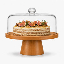 Cake Stand with Glass Lid, 11" Magnetic Bamboo Base for Parties  Kitchen