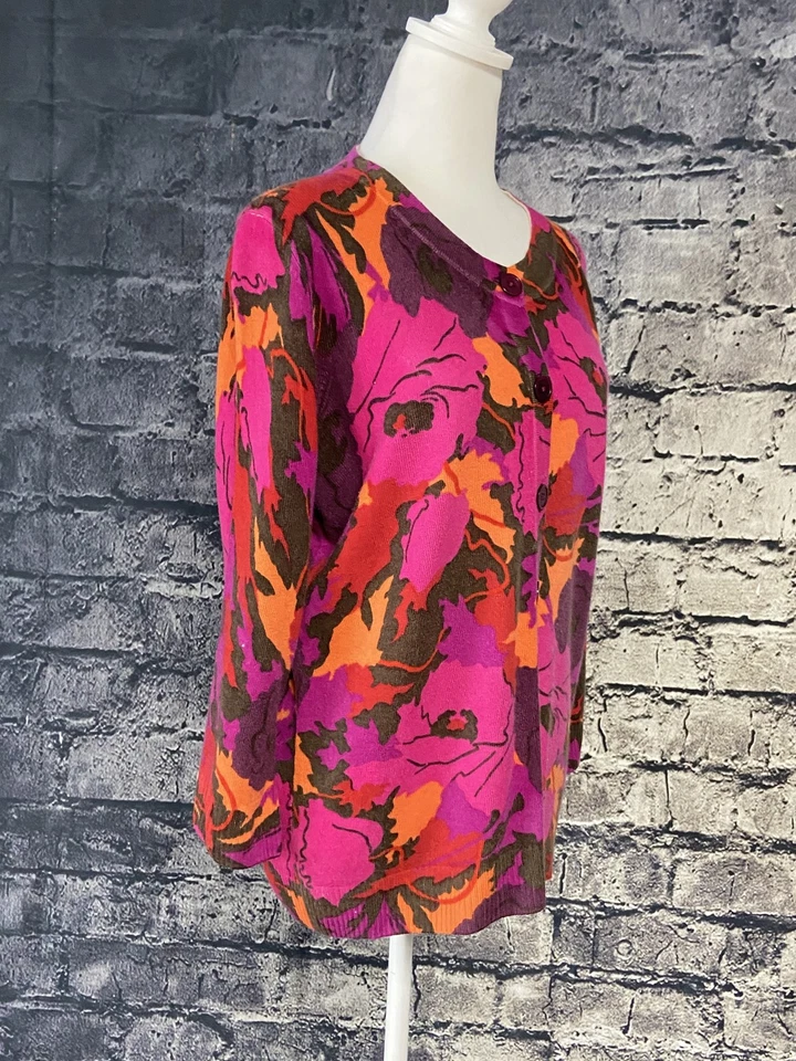 Suéter Talbots Mujer XL Rosa Naranja Púrpura Floral Cachemira Cárdigan Abotonado Foto 2 de 4