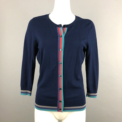 Halogen 3/4 Sleeve Button Down Cardigan SZ M Navy Accent Stripe Preppy Office
