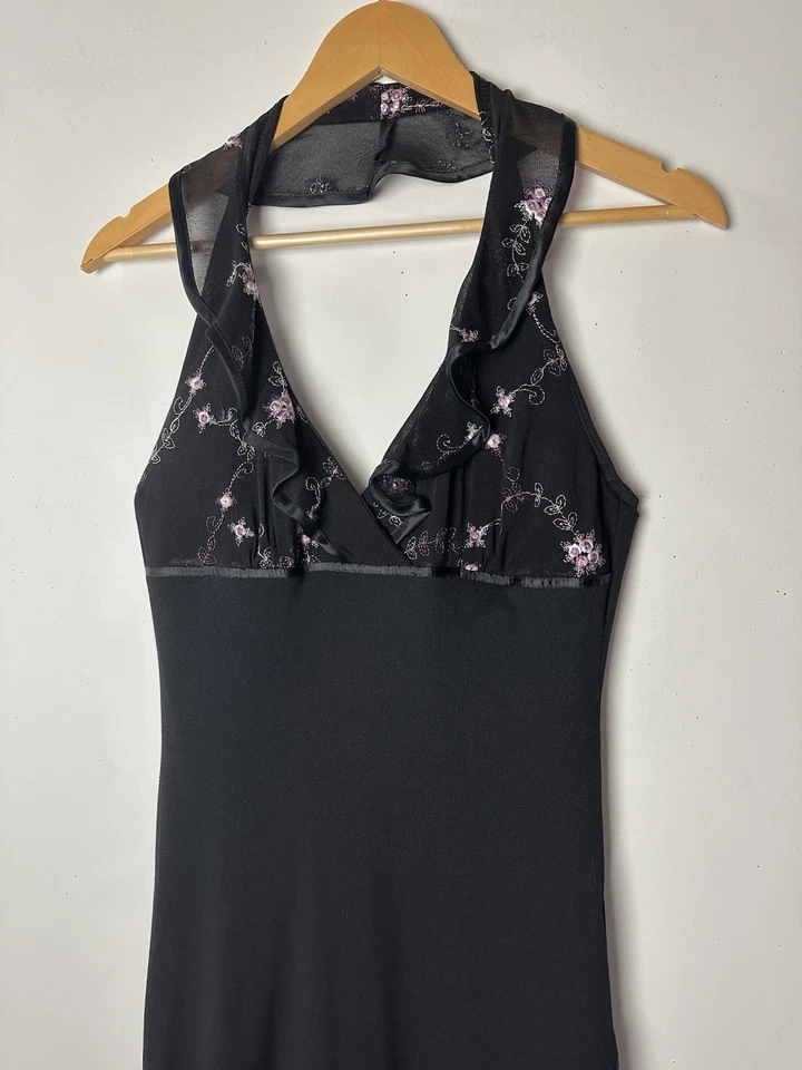 Винтажный Rampage Midi платье с бретелью через шею черный вышивка фея гранж прихоти Y2K 90-х M - Изображение 3 из 4