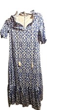 Blue White Geometric V-Neck Tie Tassel Short Sleeve Maxi Dress M