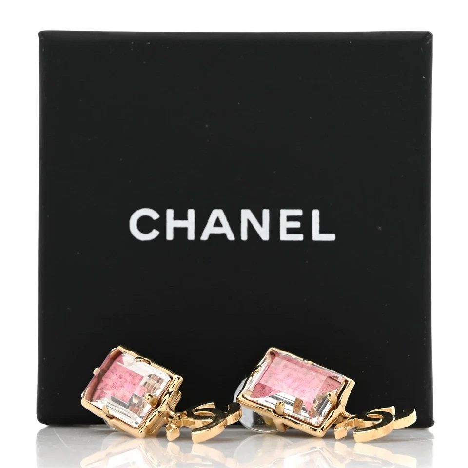 Pendientes colgantes Chanel oro rosa cristal tweed CC Foto 2 de 4