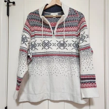 CJ Banks 2X Nordic Fair Isle Half Zip Sweater White Red Blue Snowflake Knit