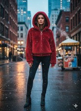 Youth Cropped Teddy Sherpa Zip Hoodie Jacket Red Forever 21 Cozy Winter Size M