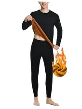  Mens Thermal Underwear Set Thick Fleece Lined Heavyweight XX-Large Black