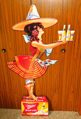 Rare! 2005 MILLER HIGH LIFE BEER Girl Standing On Case TIN SIGN (EX++) 32"x57"