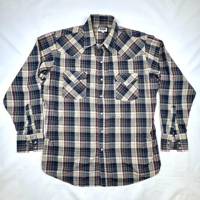 Ely Cattleman Shirt Mens Large Blue Plaid Western Snap Long Sleeve Cowboy