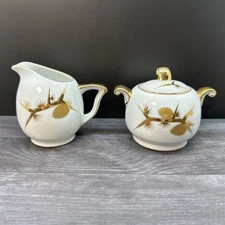Vintage Creamer Sugar Porcelain Ceramic White Gold Gilt Pinecone