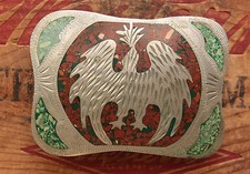 Vintage hand Made Turquoise Coral Inlay Thunderbird Eagle Western Belt Buckle