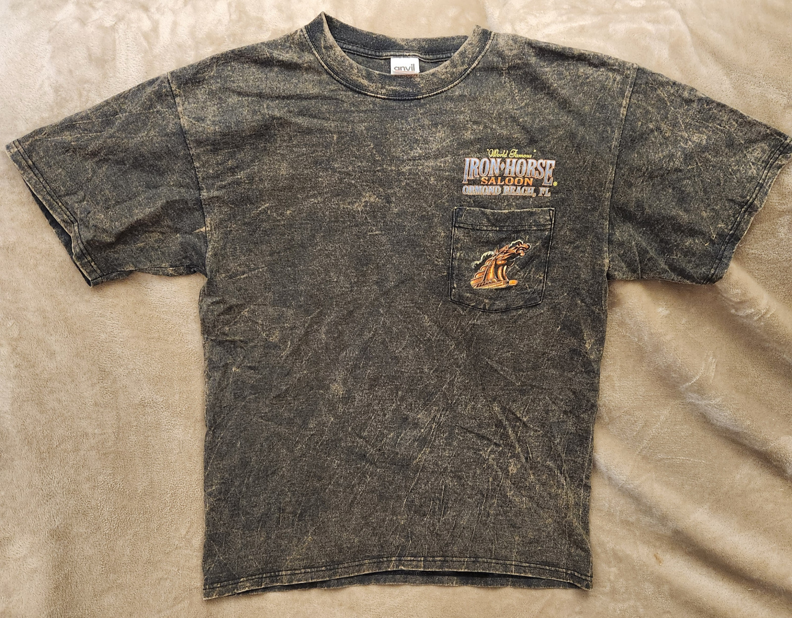 Vtg 2005 Iron Horse Saloon Acid Wash Ormond Beach Pocket T-Shirt Size L QwikShip