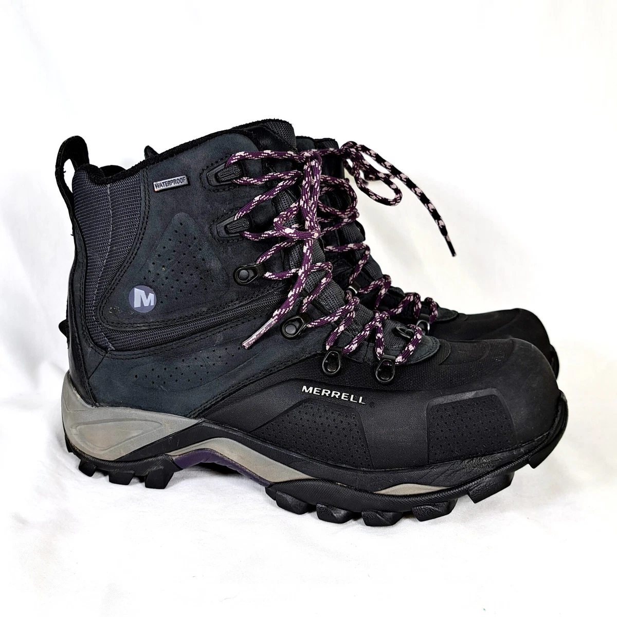 Merrell Whiteout 8 Winter Hiking Boots Womens Sz 9.5 Black Leather Waterproof