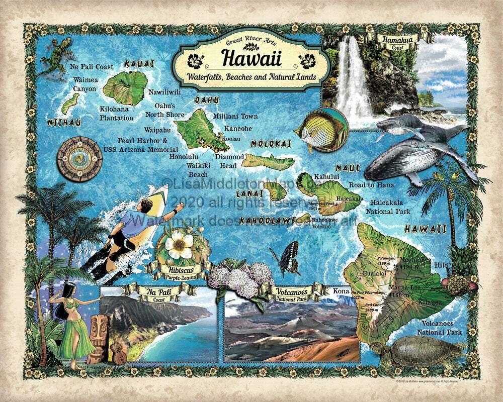 Hawaii Waterfalls Map Art Print Poster Vintage Artwork Wall Home