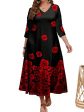 Womens Stretch Knit Floral Print 3/4 Sleeve A-Line Midi Dress Plus Size 2X