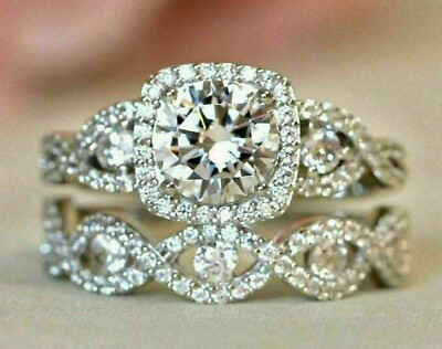 Halo Engagement Wedding Ring Set 4Ct Round Cut Moissanite 14k White Gold Finish