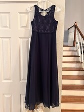 Navy Blue Formal Gown Long Floor Length with Mesh Style Bodice Girls Size 12