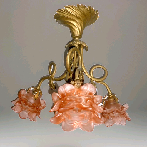 Antique French Spiral Chandelier Ceiling Light Pink & White Rose shades 42cm - Picture 2 of 11