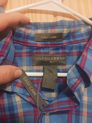 Camisa con botones Saddlebred para hombre manga corta clásica azul a cuadros mezcla de algodón -XL - Imagen 4 de 5