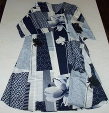 NWT Natori Indigo/White/Black Geo KABUKI Silky Crepe 52" CAFTAN 2X Pockets GREAT