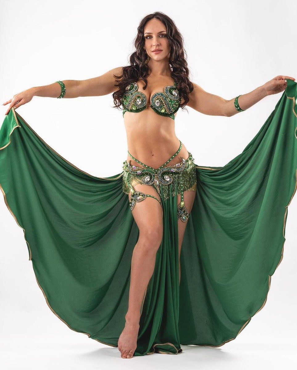 profassinal green belly dance costumes set outfit with accessories