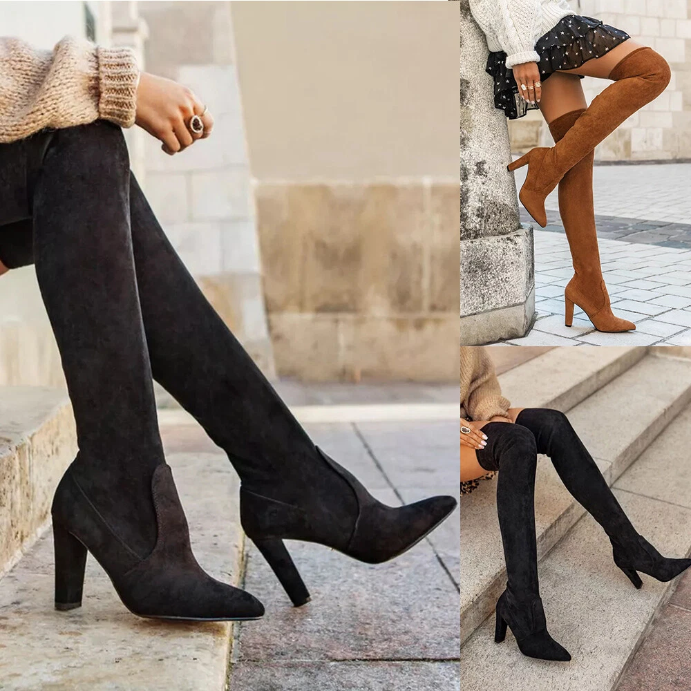 Womens Thigh High Boots Ladies Stretchy Over The Knee Plain High Heel Boot Shoes