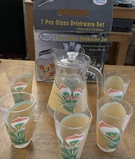 NWT ALPINE CUISINE Floral GLASS Drinkware Set PITCHER And 6 11 Oz. Glasses Retro