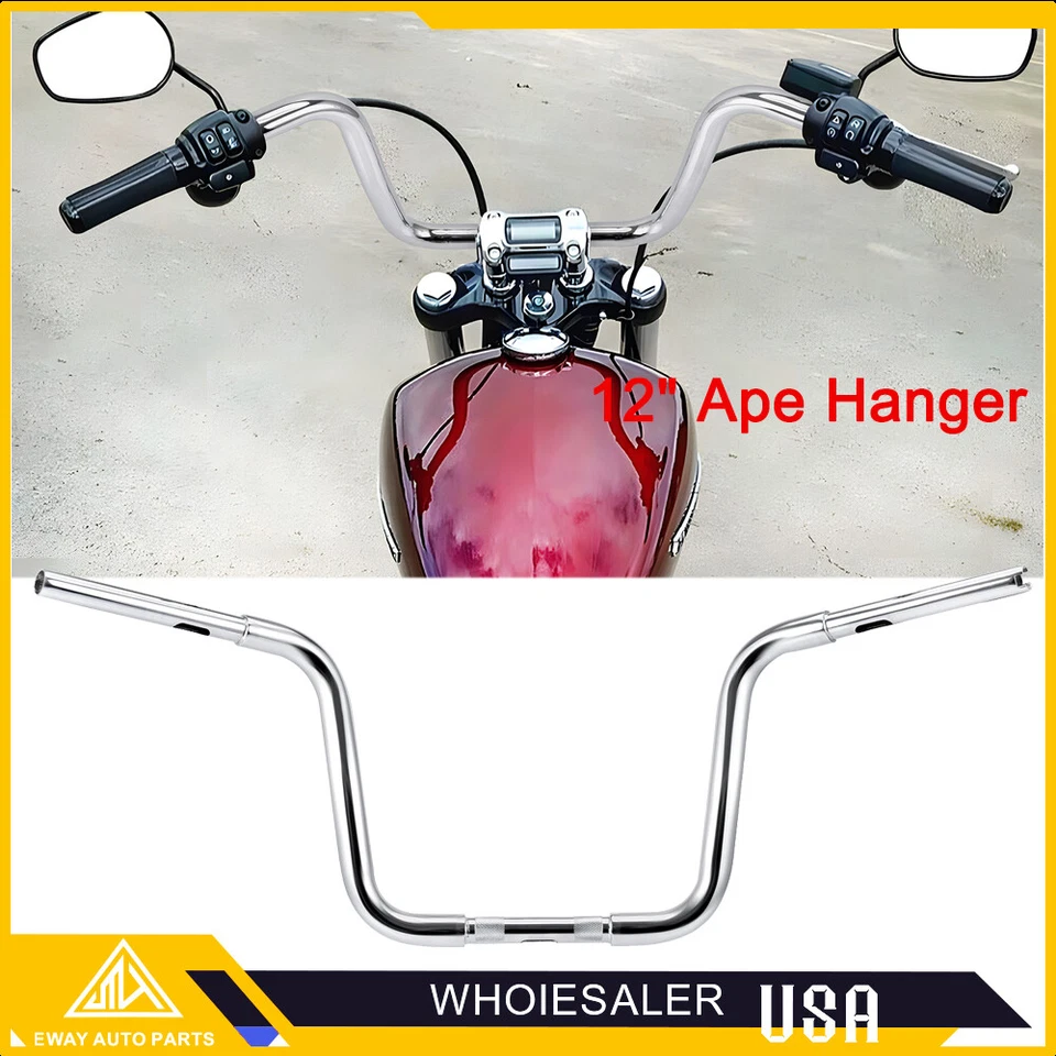 DNA Chrome 12" Ape Hanger Bar 1 1/4" Handlebar For Harley Dyna Softail FLRT FLHR - Image 3 of 4
