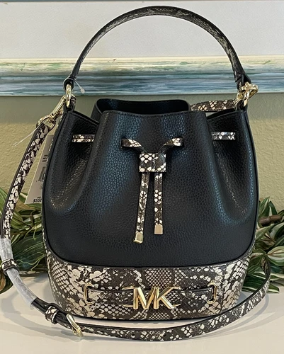 MICHAEL KORS REED MEDIUM BUCKET SNAKE CROSSBODY SHOULDER MK BAG BLACK LEATHER