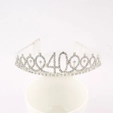 Metal Silver Rhinestone Happy 40th Birthday Princess Tiara Headband Queen Crown