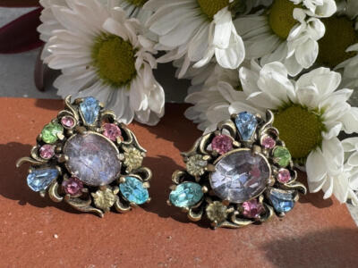 Signed Hollycraft COPR 1950 Vintage Multicolor Pastel Rhinestone