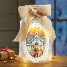NEW! LIGHTED SNOWY CHURCH GLASS JAR Christmas Mantel,Tabletop Decoration