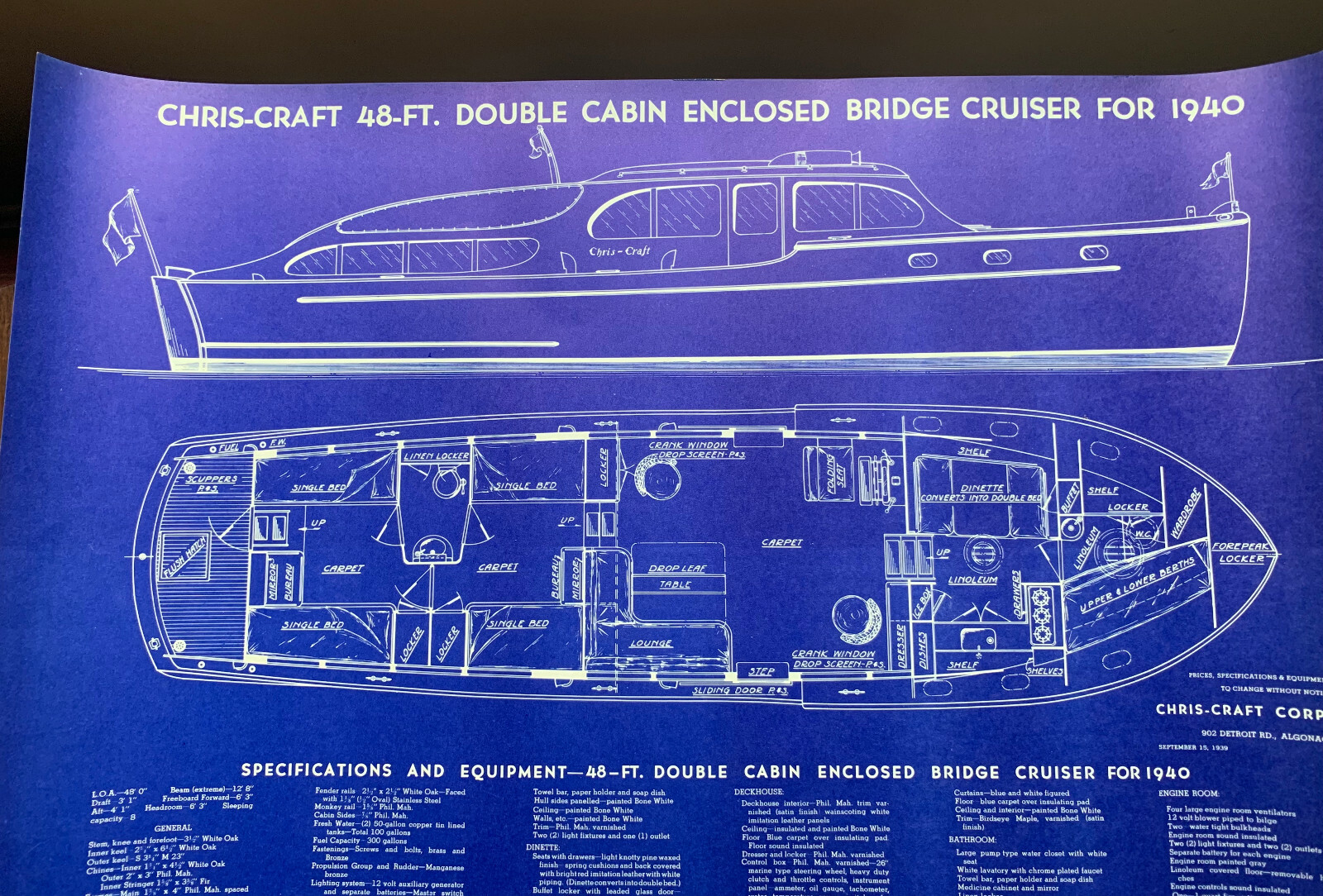 NOS 1939 Chris Craft Blueprint for 1940 48' Double Cabin Enclosed Bridge Cruiser