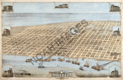 Panoramic Map of Galveston Texas c1871 16x24