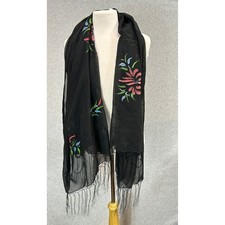Black Hand Painted Unbranded Scarf Floral Sheer Chiffon Fringe Wrap 70" Long