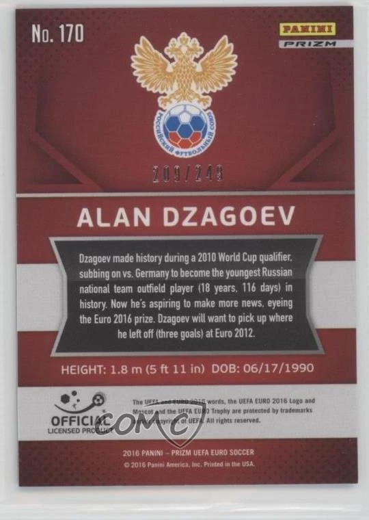 2016 Panini Prizm UEFA Euro Blue Prizm /249 Alan Dzagoev #170 - Image 2 of 2