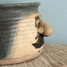 1974 Peter Petrie Pottery Green 3D Face Nose Mustache Mug Carved Clay Signed VTG