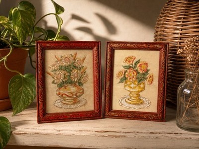 Retro Mid Century Floral Still Life Mini Art Pair Ornate Wood Carved Frames Set 